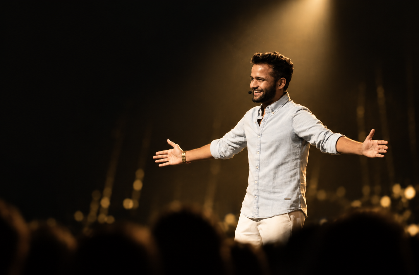 Divyanshu Damani speaking on stage with open arms